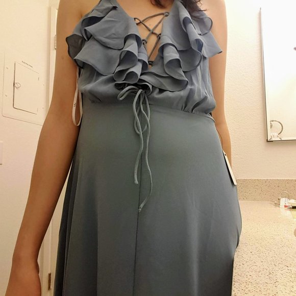 ReStock! Meridith Slate Blue Ruffled Lace-Up Maxi Dress (M) - Picture 4 of 4